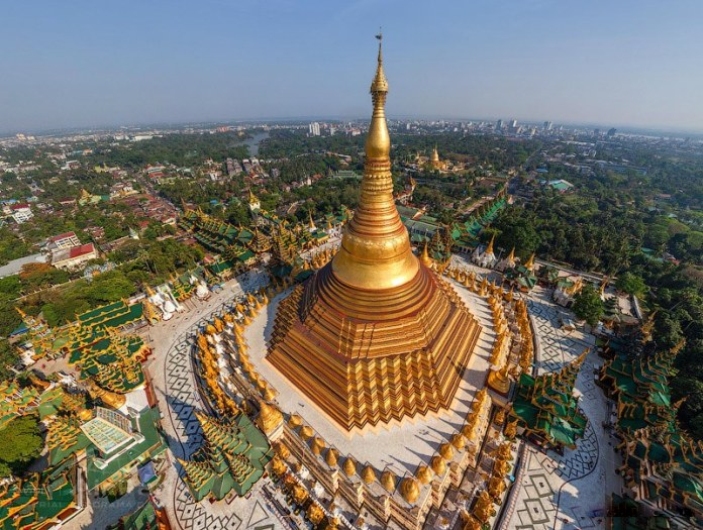 Aerial views of Shwedagon Pagoda in Myanmar